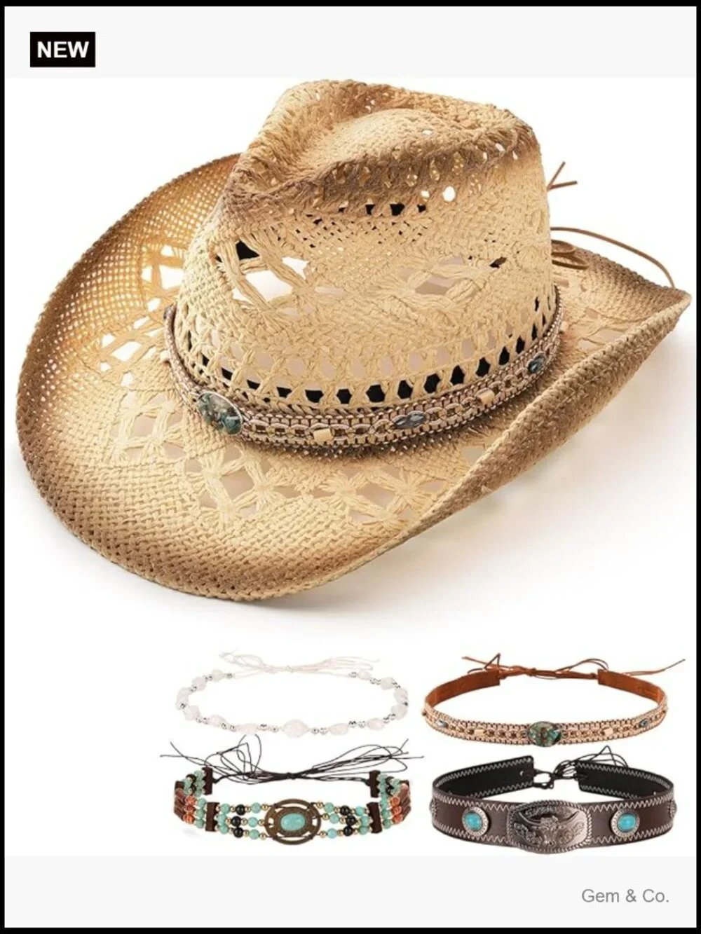 Straw Cowboy Hat with 4 Interchangeable Bands, Wide Brim, Adjustable